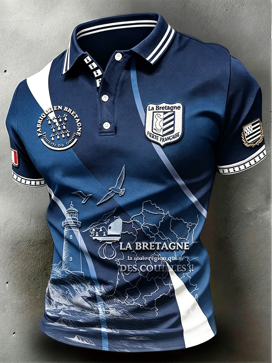 Polo décontracté à manches courtes pour homme, bleu marine, imprimé marin
