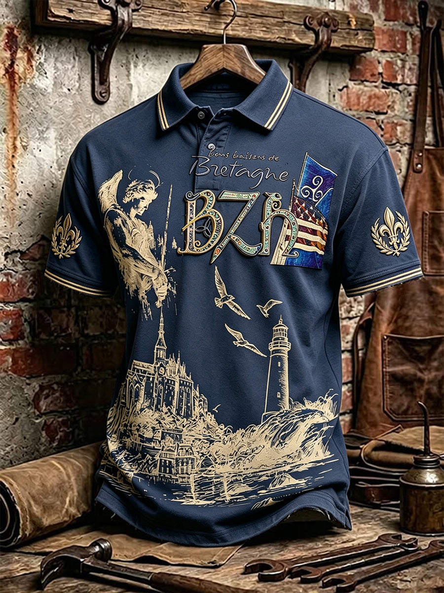 Polo décontracté à manches courtes pour homme, style rétro, imprimé bleu du Mont-Saint-Michel, France