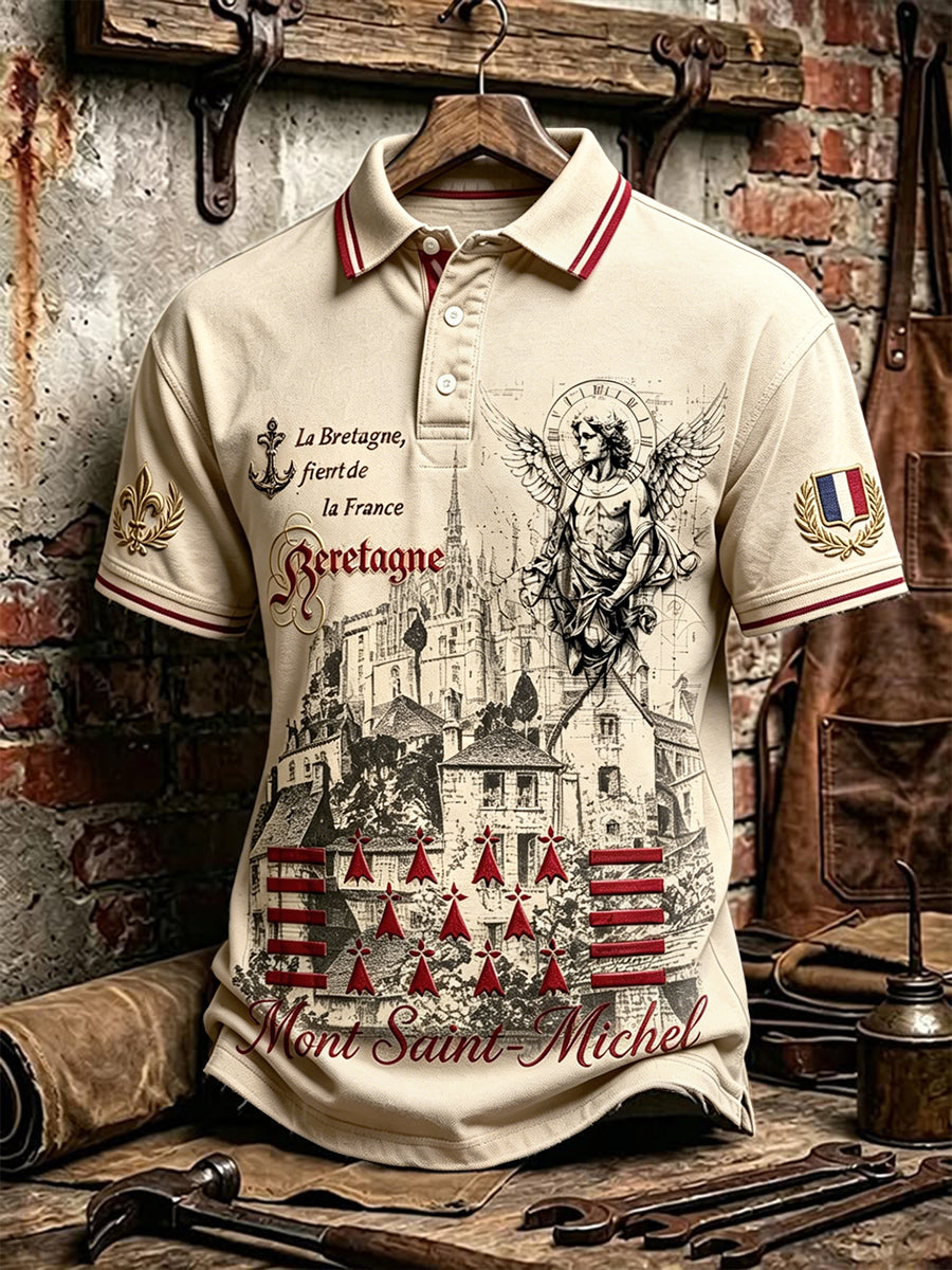 Polo homme décontracté à manches courtes, imprimé vintage de Mont-Saint-Michel, style français