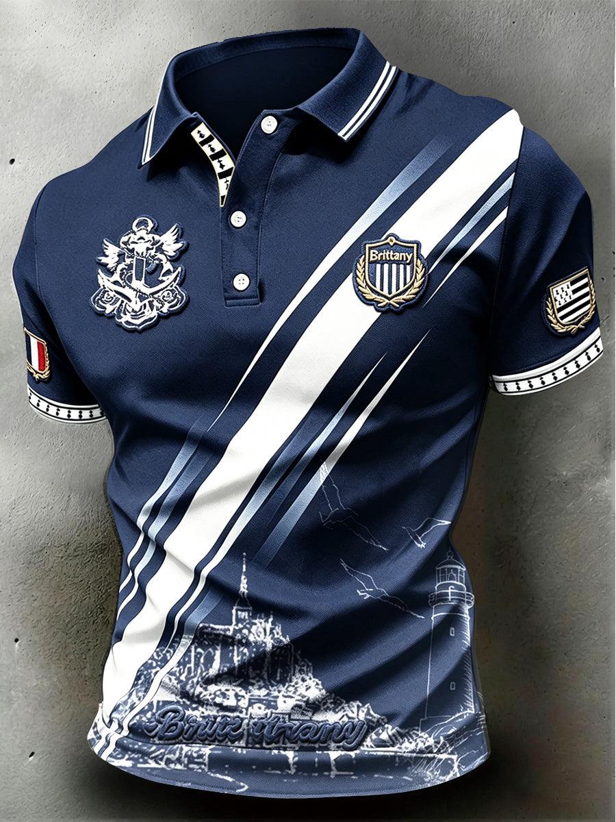 Polo professionnel décontracté pour homme, bleu foncé, à imprimé breton français