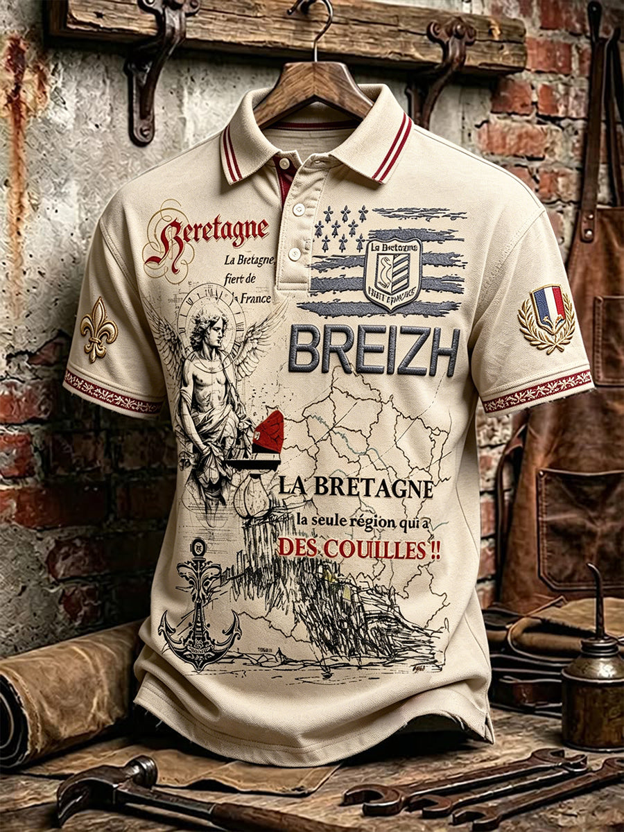 Polo rétro beige à manches courtes pour homme, imprimé marin breton, style décontracté