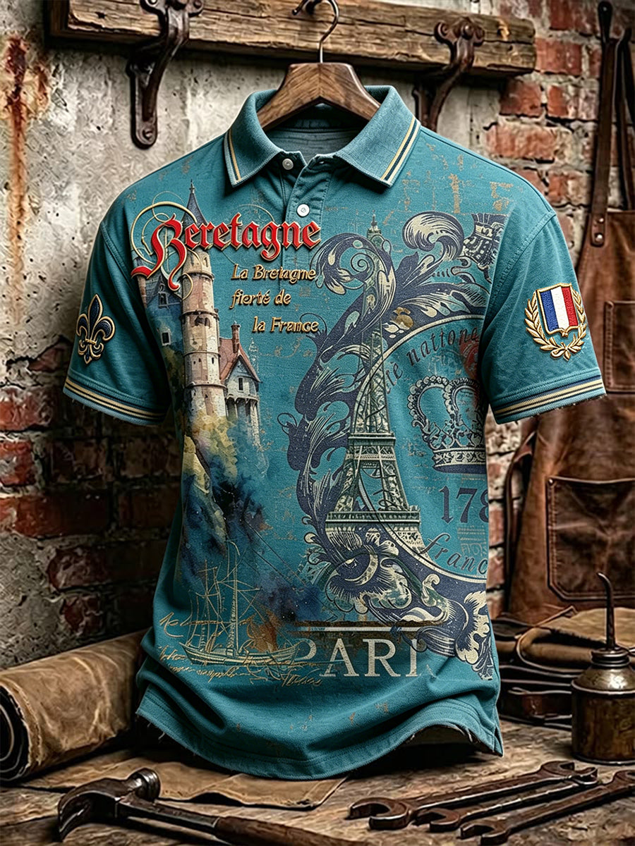 Polo décontracté pour homme, style rétro français, motif Tour Eiffel pour la fête nationale du 14 juillet
