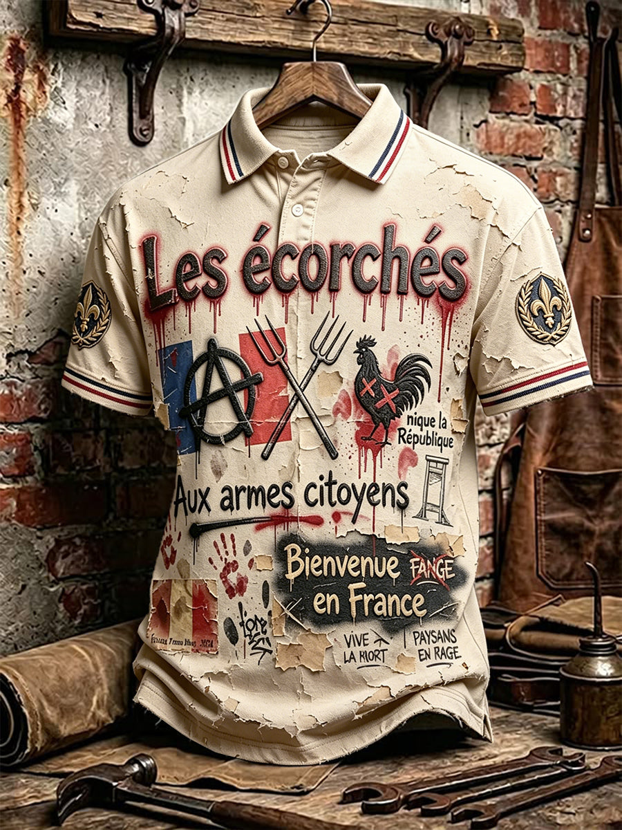 Polo décontracté pour homme, style vintage, imprimé graffiti sur le thème de la fête nationale française