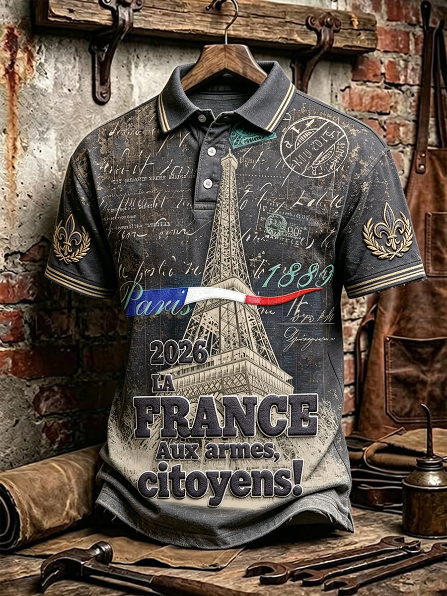 Polo homme décontracté à manches courtes, imprimé vintage français pour la fête nationale du 14 juillet