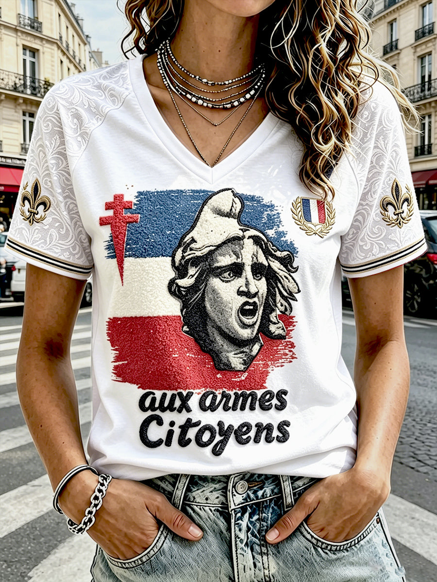 T-shirt décontracté à col en V pour femme, imprimé «La Marseillaise» style vintage français pour la Fête nationale du 14 Juillet