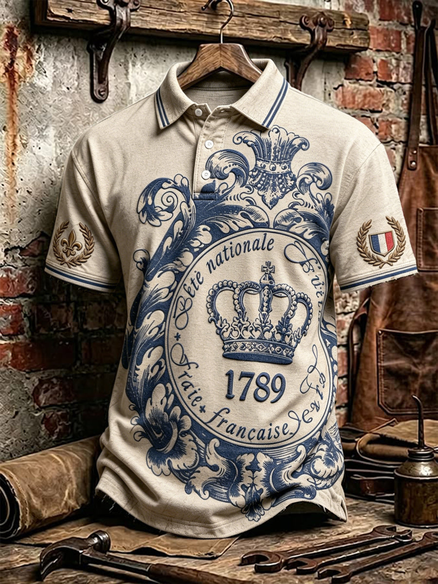 Polo décontracté à manches courtes pour homme, imprimé vintage français de la Fête nationale du 14 juillet 1789