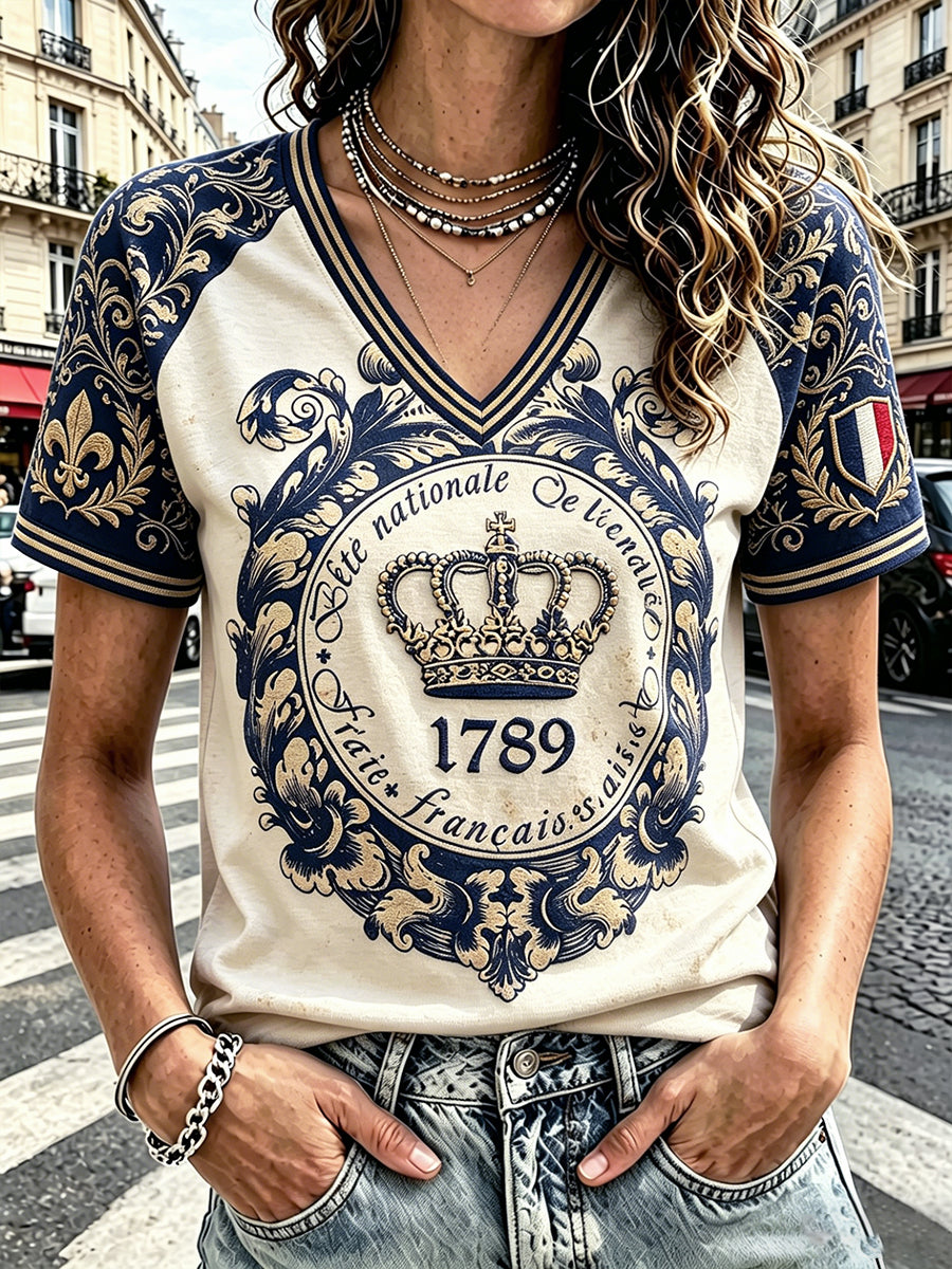 T-shirt décontracté à col en V pour femmes, imprimé vintage français de la Fête nationale du 14 juillet 1789
