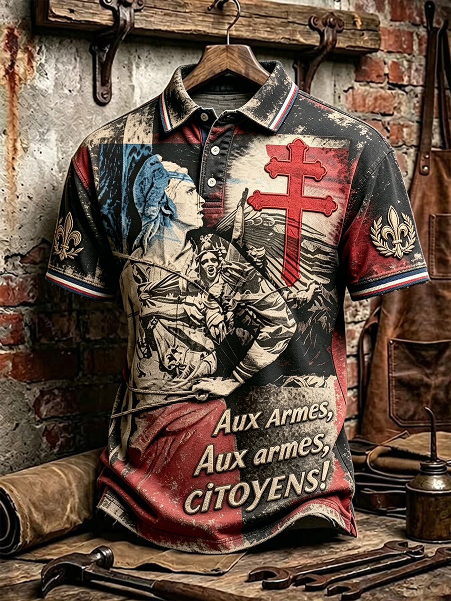 Polo décontracté à manches courtes pour homme, imprimé «La Marseillaise» pour la Fête nationale française