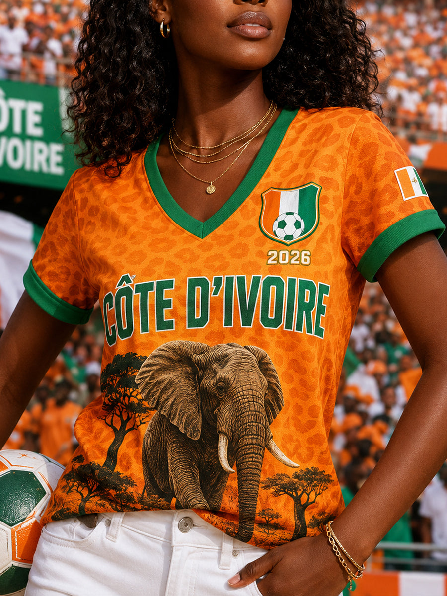 Haut à manches courtes à col en V imprimé Elephant Football Femme
