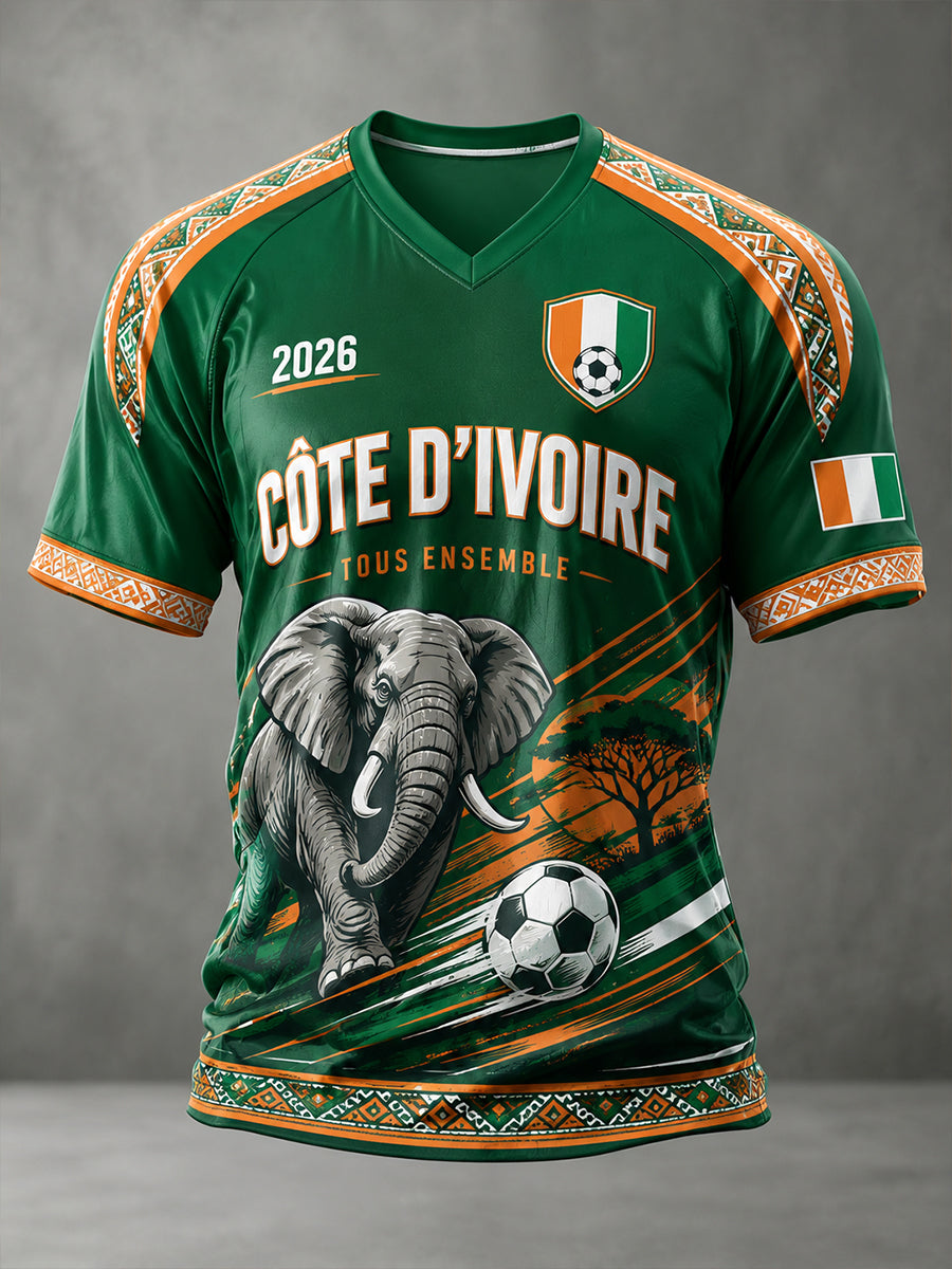 T-shirt à col en V imprimé Elephant Football pour homme