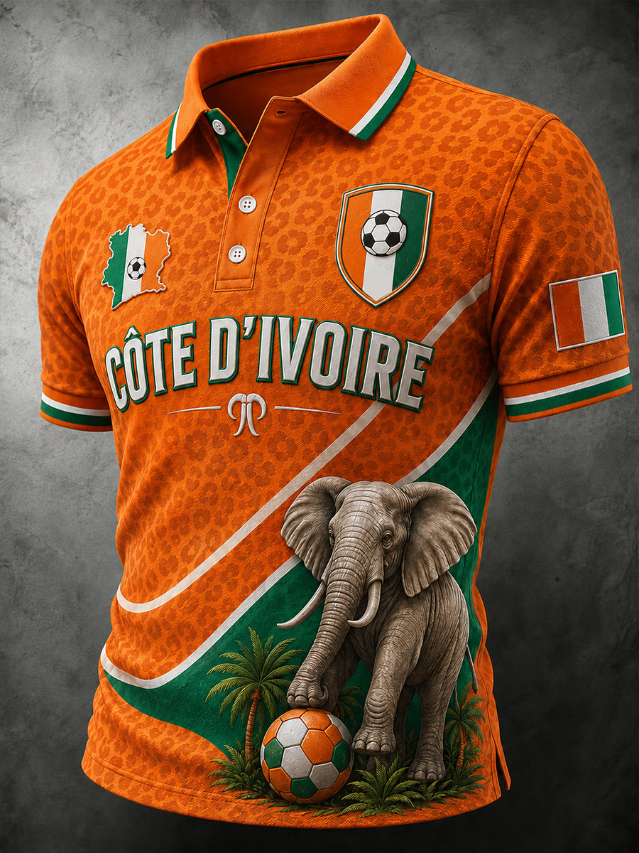 Polo Homme Manches Courtes Imprimé Éléphant Et Football