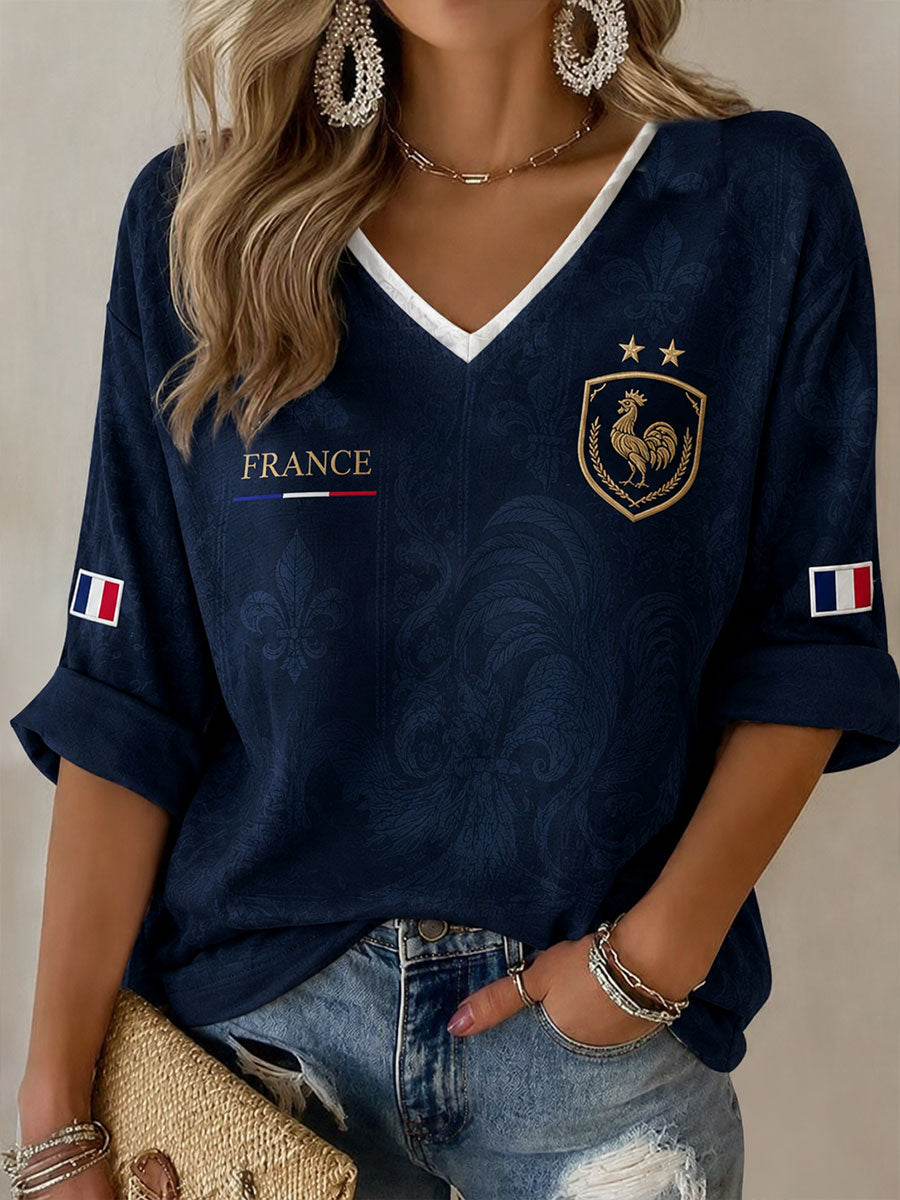 T-shirt à manches mi-longues et col en V pour femmes, France Football