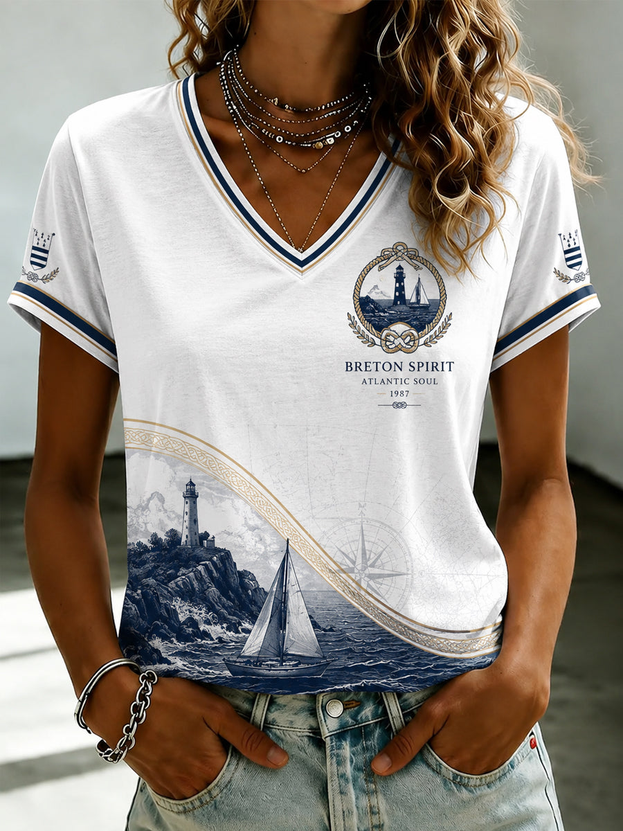 T-shirt à col en V imprimé celtique de Bretagne pour femmes