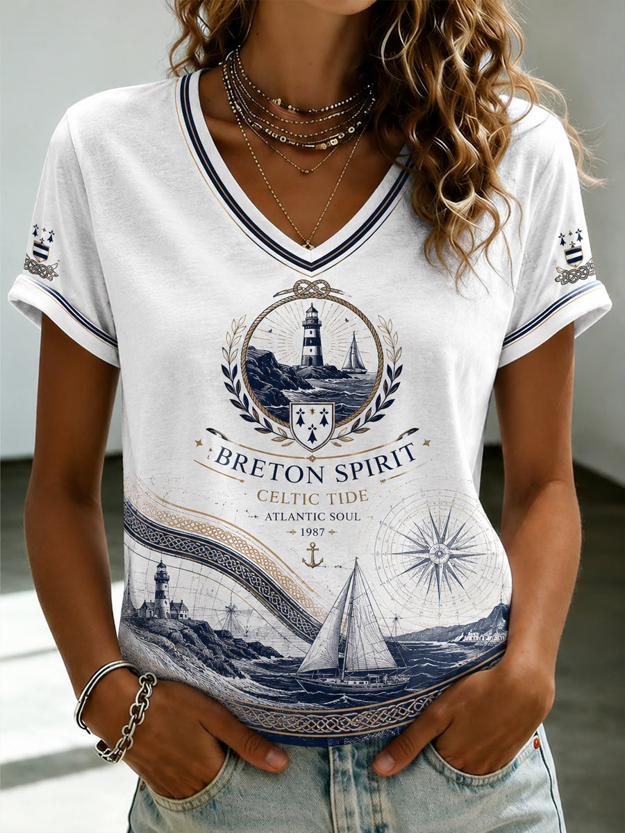 T-shirt à col en V imprimé celtique de Bretagne pour femmes