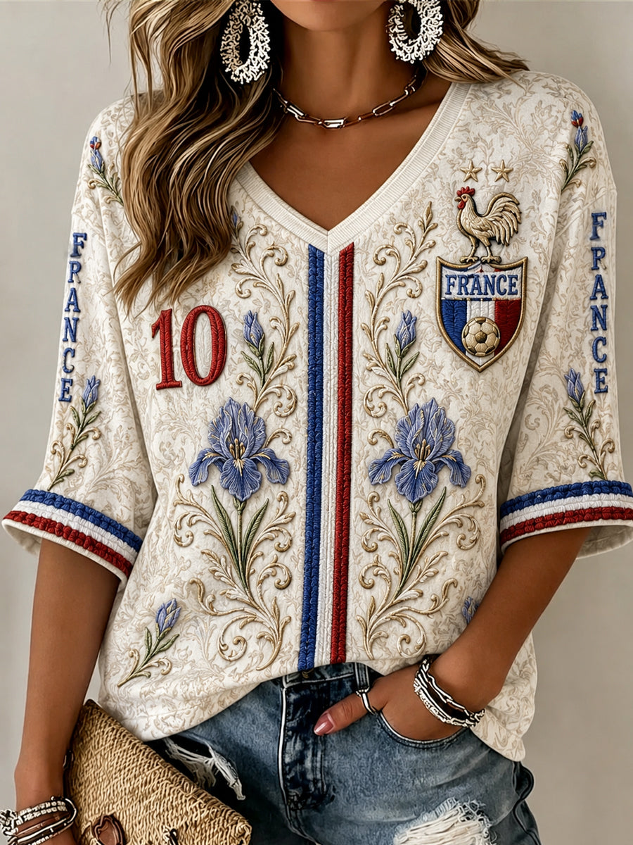 Chemise en lin à col V pour femme, motif France Football