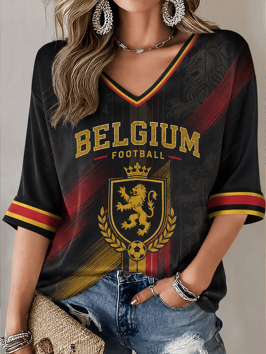 T-shirt de football belge pour femme, manches mi-longues, col en V