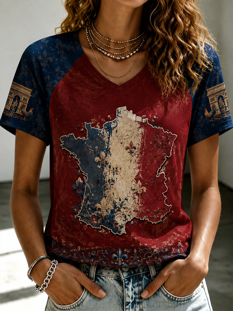 T-shirt à col en V et épaules dénudées, manches courtes, pour la Fête nationale française des femmes