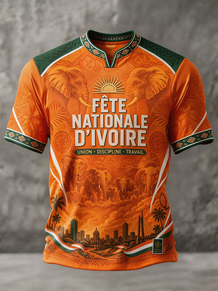 T-shirt imprimé pour amoureux du football, motif éléphant de Côte d’Ivoire, couleur ivoire, pour homme