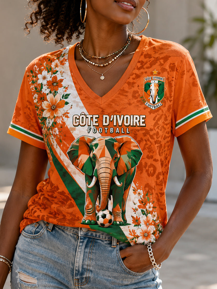 T-shirt femme à col en V et manches courtes, motif football et éléphant