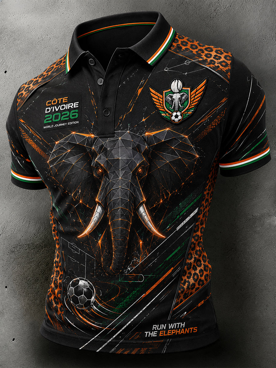Polo à manches courtes pour homme avec imprimé éléphant et ballon de football
