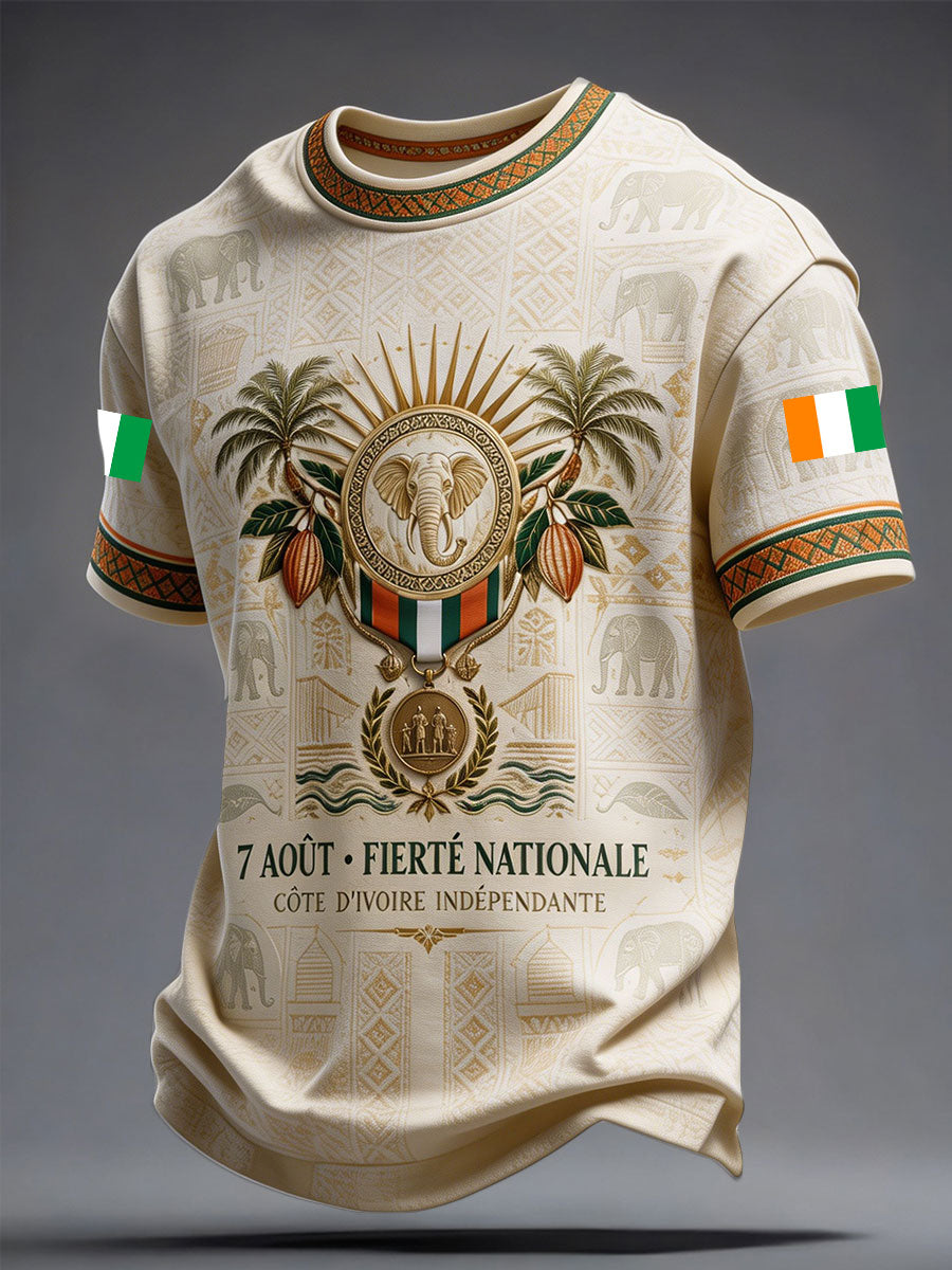 T-shirt imprimé pour amoureux du football, motif éléphant de Côte d’Ivoire, couleur ivoire, pour homme