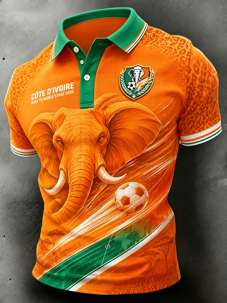 Polo à manches courtes pour homme avec imprimé éléphant et ballon de football