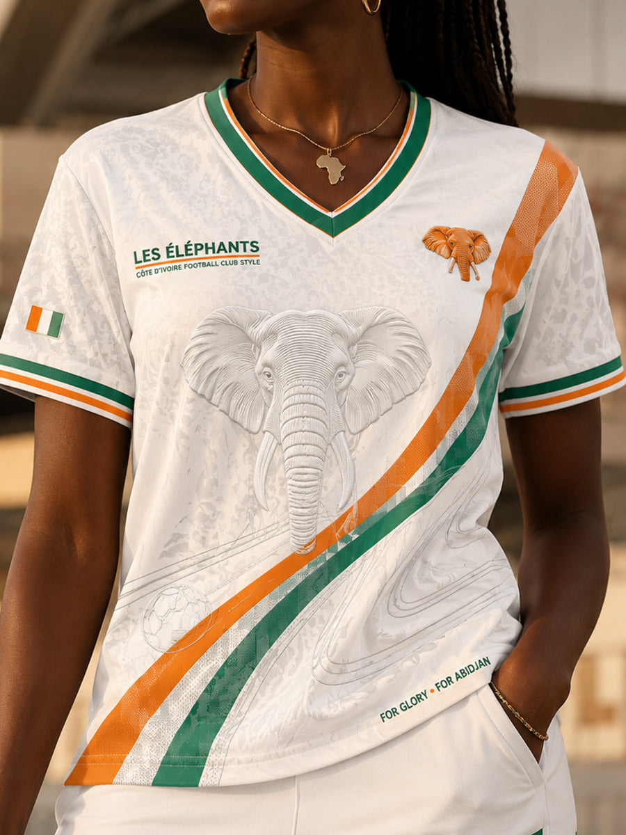 T-shirt femme à col en V et manches courtes, motif football et éléphant
