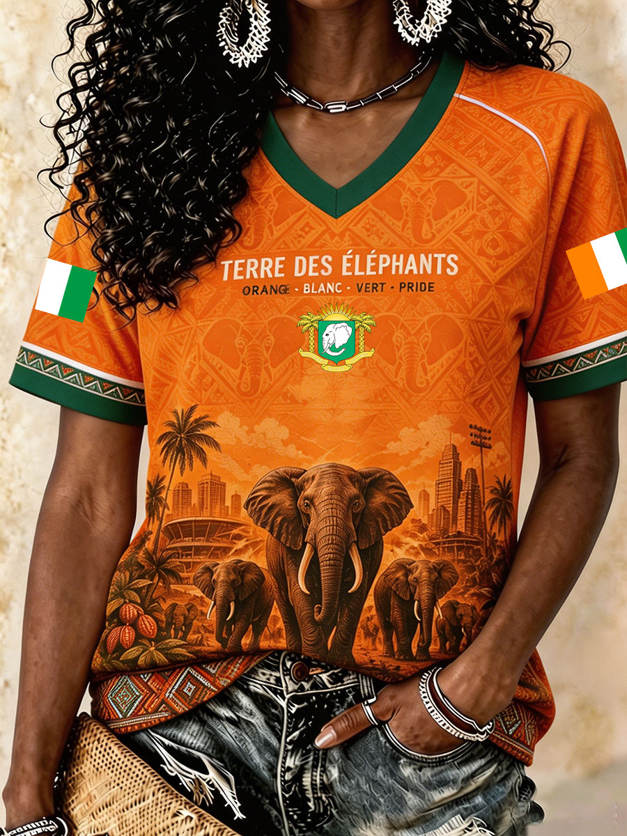 T-shirt imprimé d’art pour les amateurs de football, éléphant de Côte d’Ivoire, couleur ivoire, pour femmes