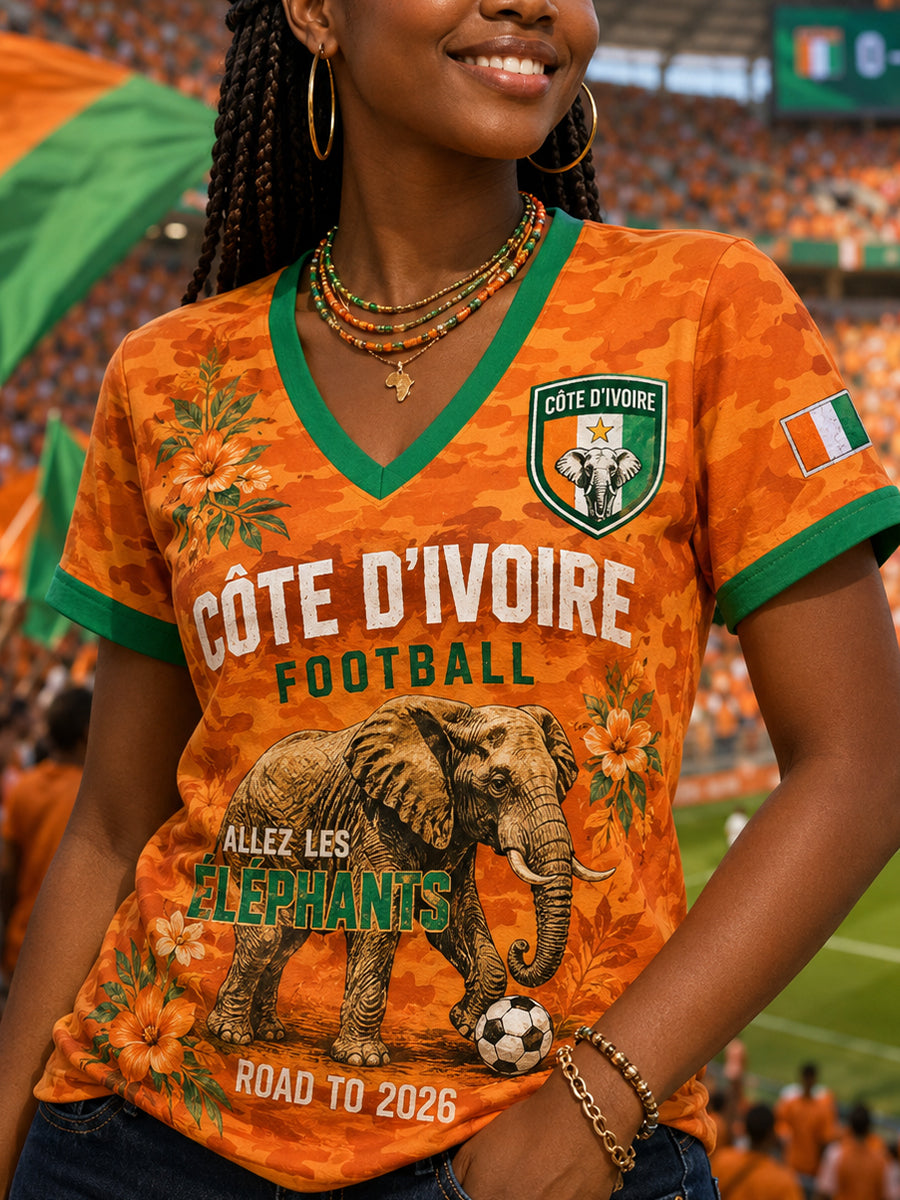 T-shirt femme à col en V et manches courtes, motif football et éléphant