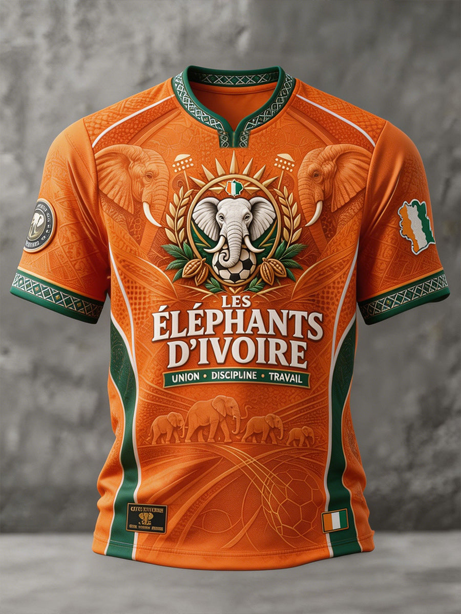 T-shirt imprimé pour amoureux du football, motif éléphant de Côte d’Ivoire, couleur ivoire, pour homme