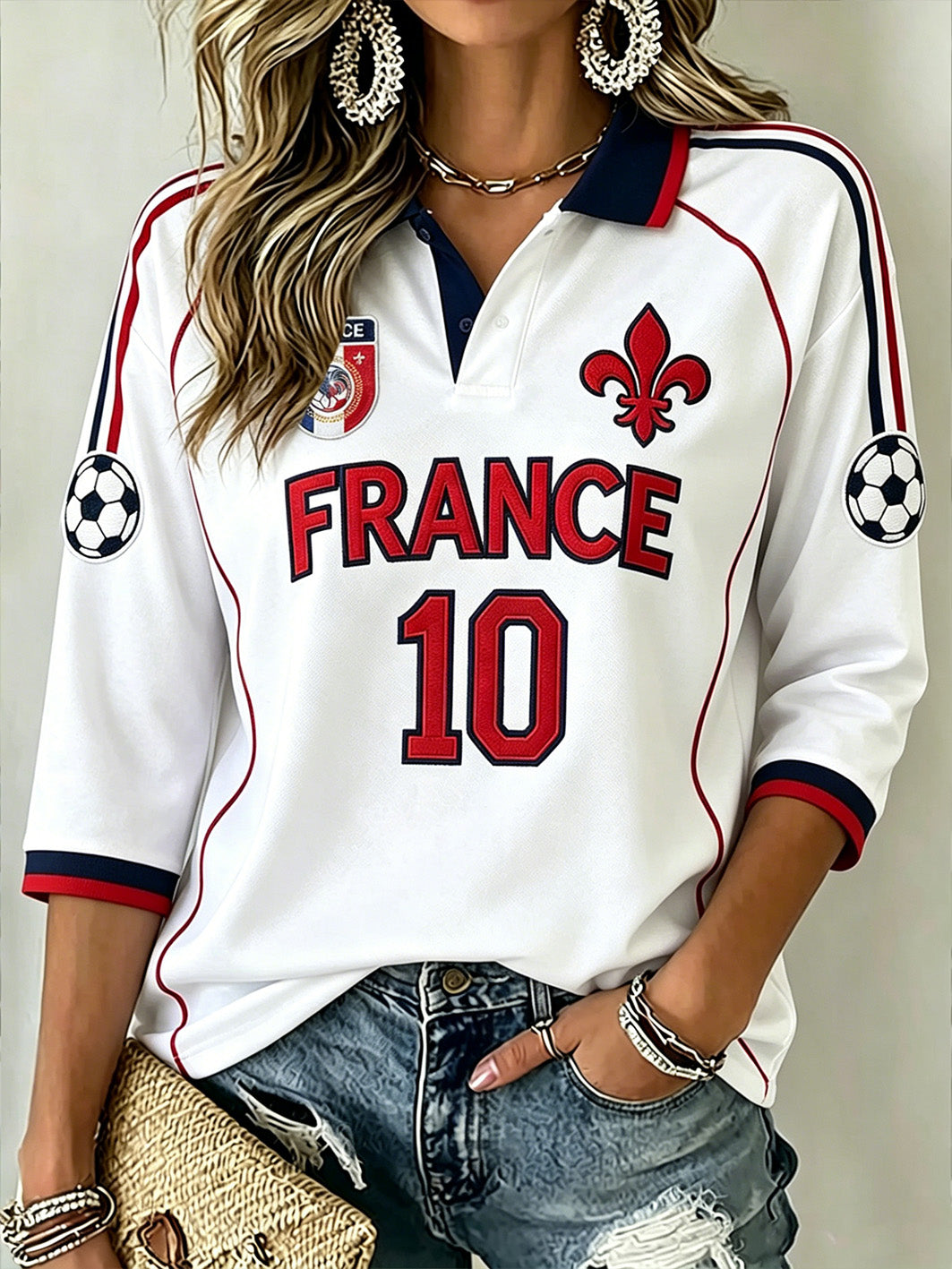 T-shirt polo décontracté mi-long à manches, modèle de football féminin aux motifs color-blocks