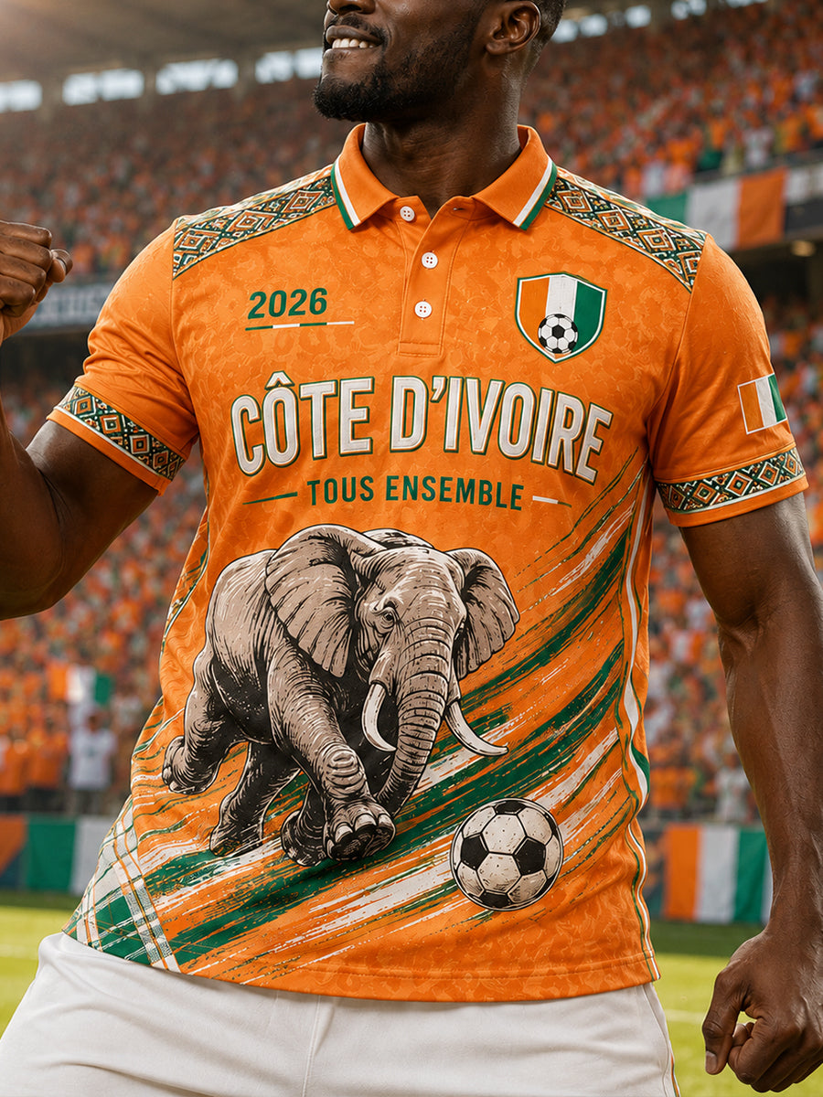 Polo à manches courtes pour homme avec imprimé éléphant et ballon de football