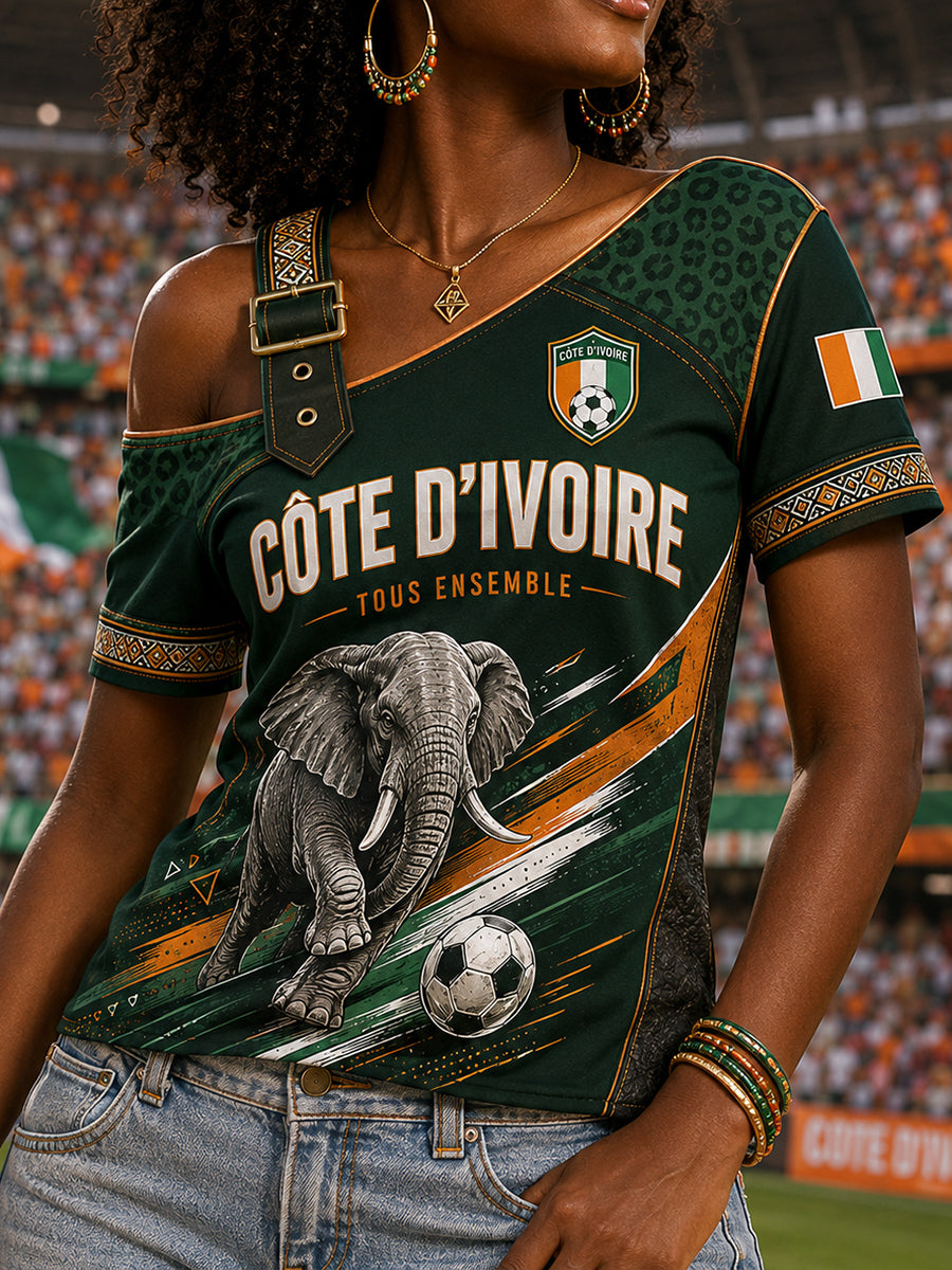 Débardeur femme à manches courtes, motif éléphant et ballon de football