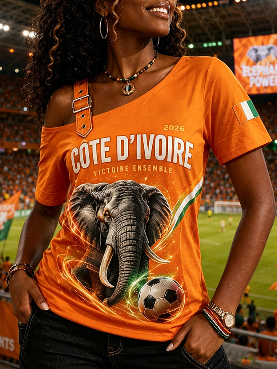 Débardeur femme à manches courtes, motif éléphant et ballon de football