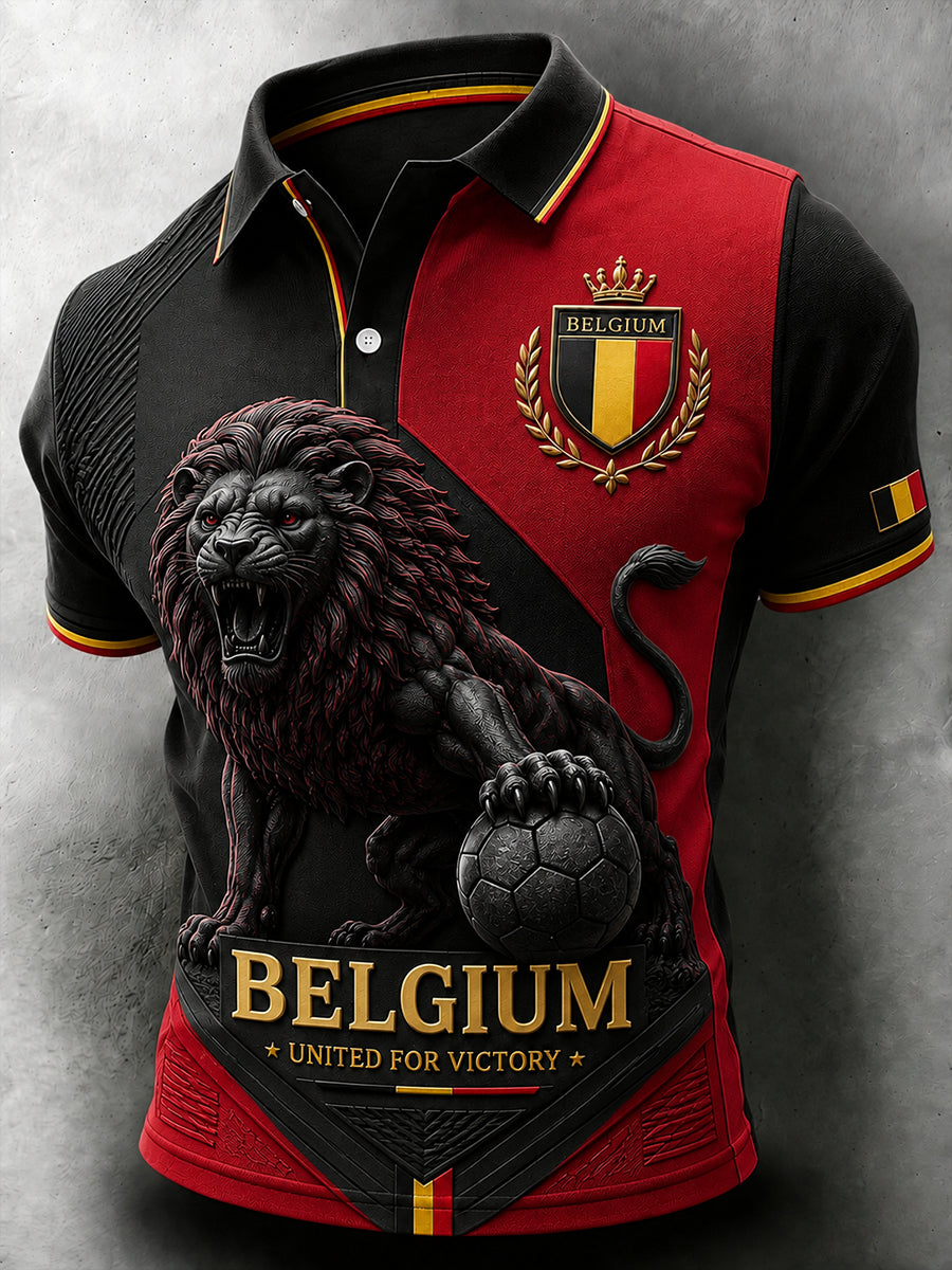 Polo à manches courtes pour homme avec imprimé lion et ballon de football