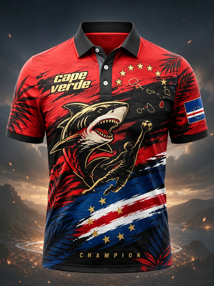 T-shirt polo à imprimé artistique représentant un élément de soutien lors d’un match de football masculin du Cap-Vert