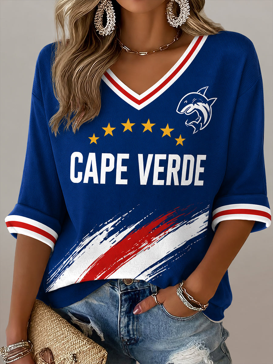 Femmes Cap-Vert Football Match Acclamant Éléments Art Imprimer V-Neck Top