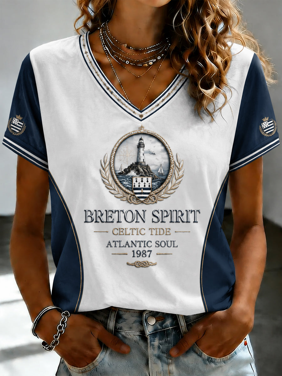 T-shirt à col en V imprimé celtique de Bretagne pour femmes