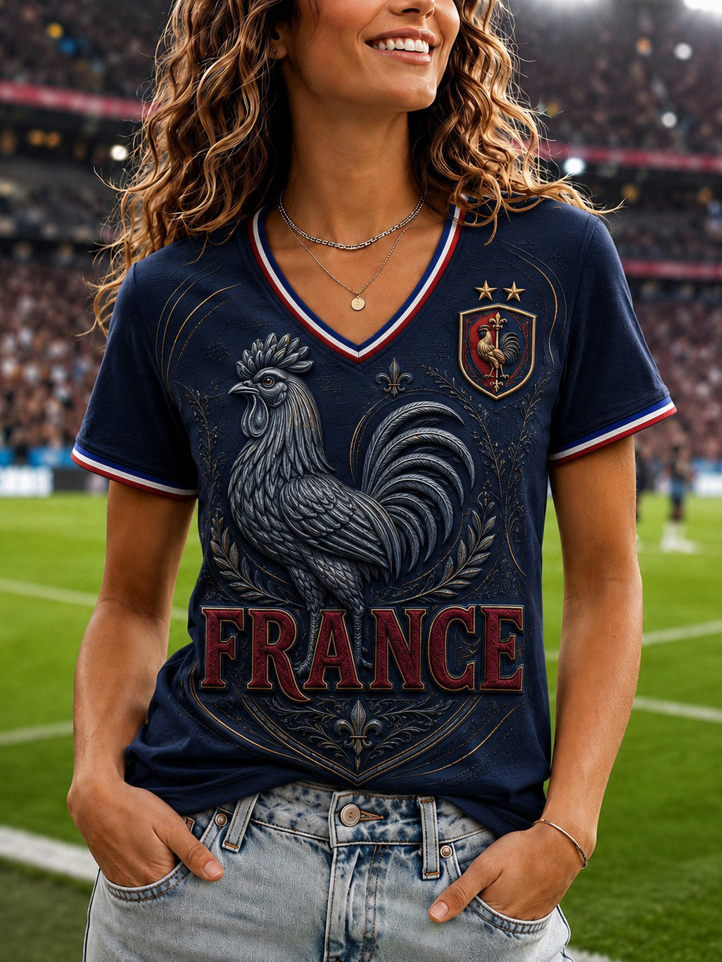 T-shirt à col en V imprimé France Football pour femme