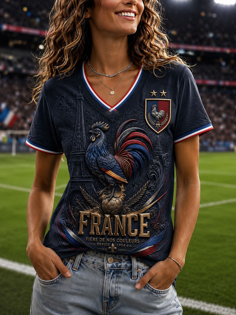 T-shirt à col en V imprimé France Football pour femme