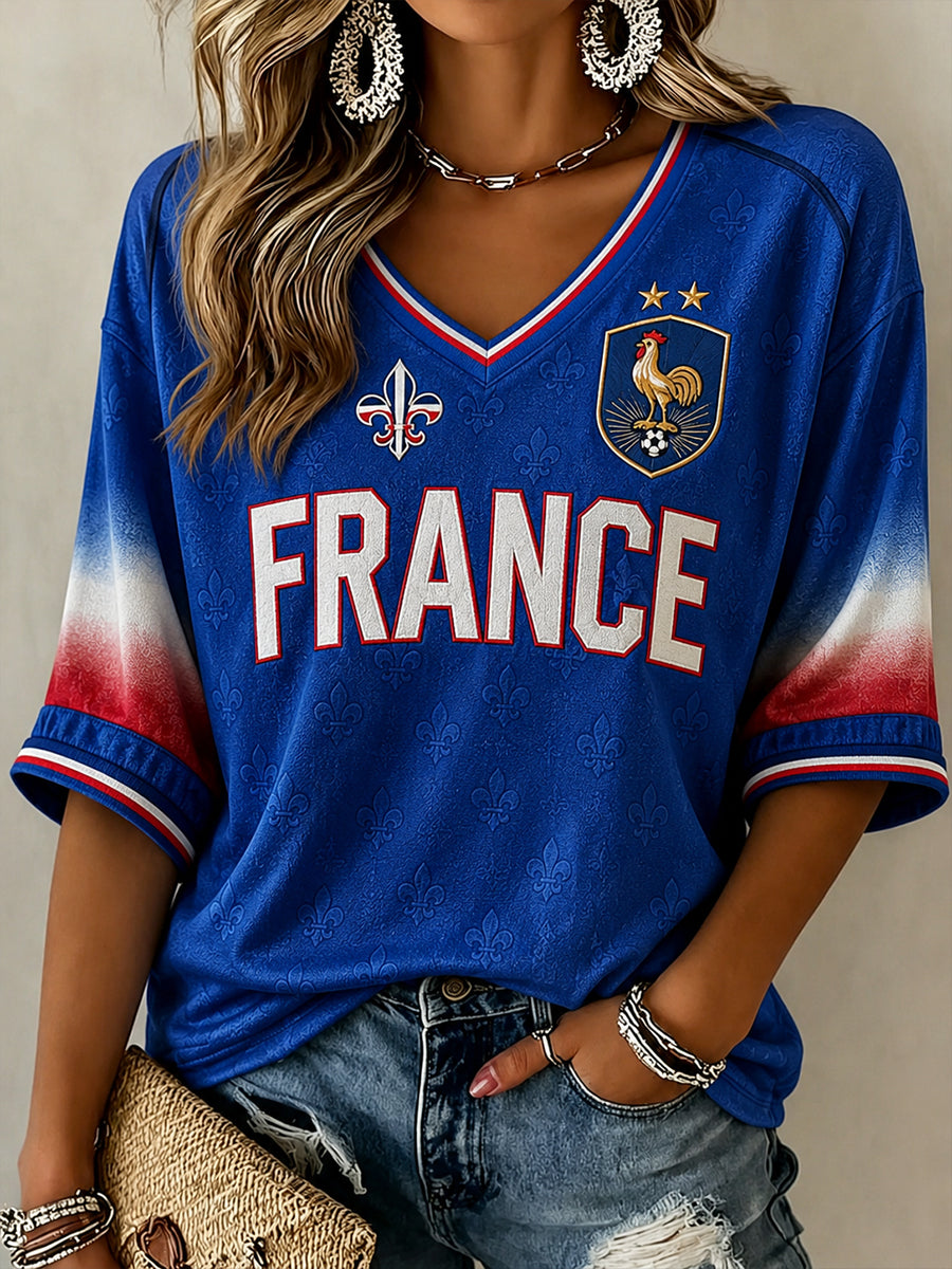 Chemise en lin à col V pour femme, motif France Football