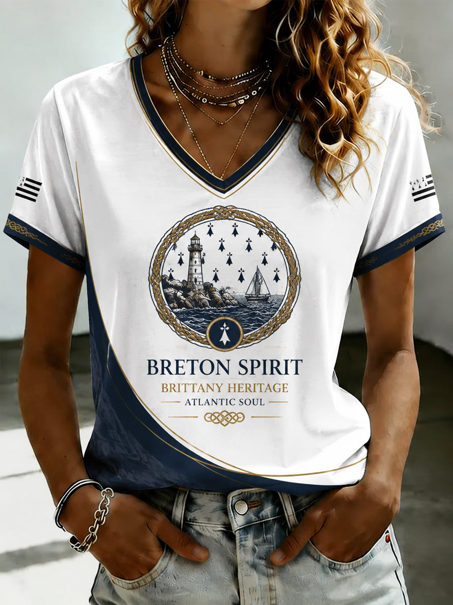 T-shirt à col en V imprimé celtique de Bretagne pour femmes
