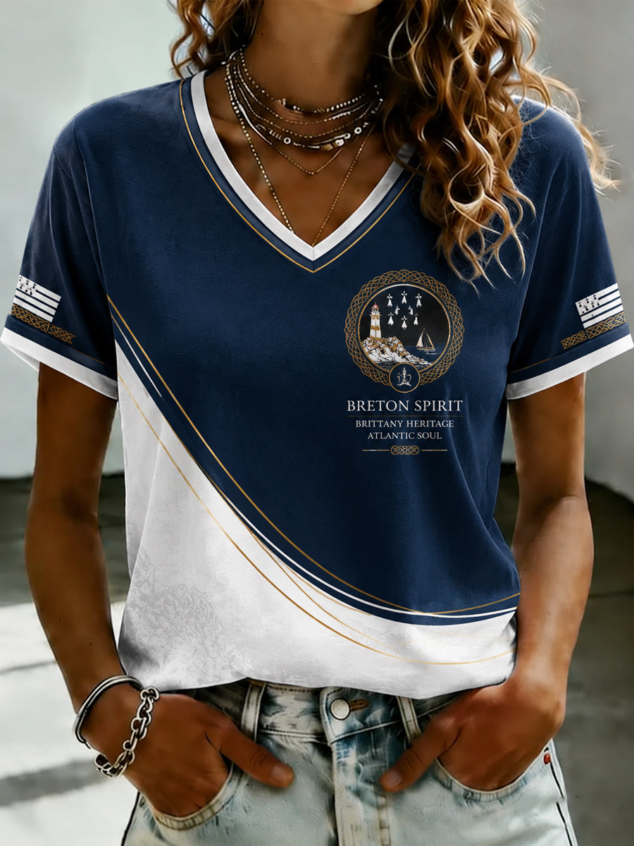 T-shirt à col en V imprimé celtique de Bretagne pour femmes
