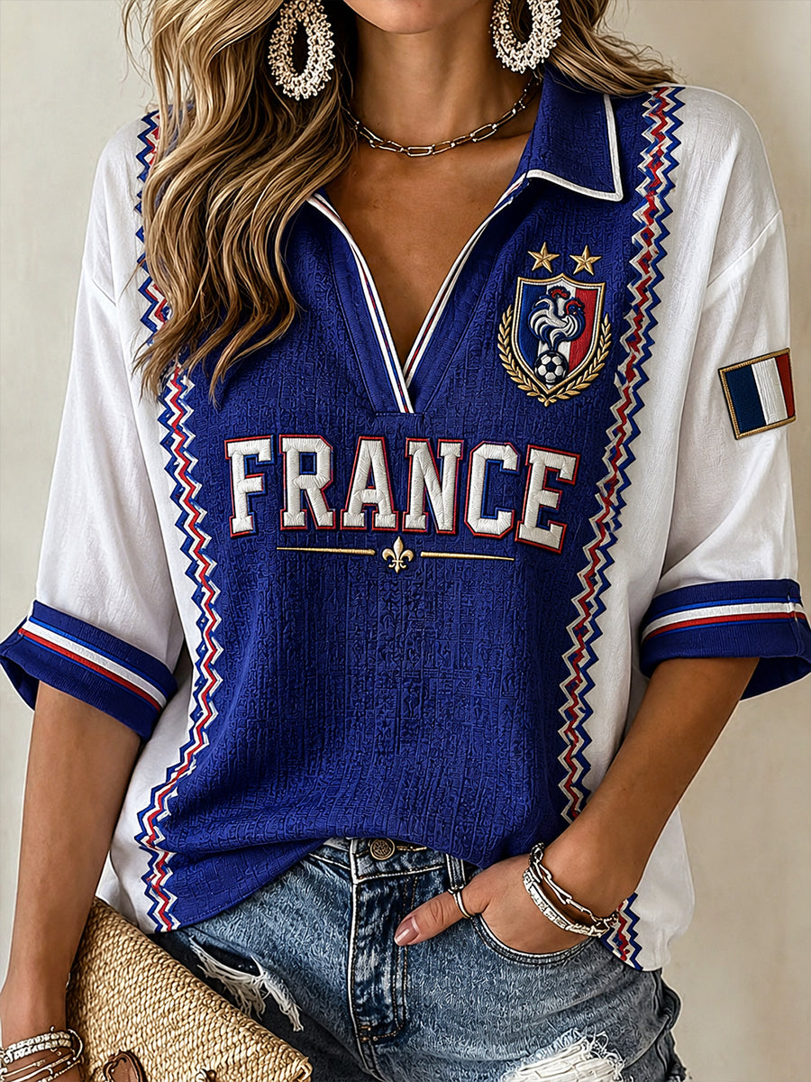 T-shirt femme France Football à manches mi-longues et col en V