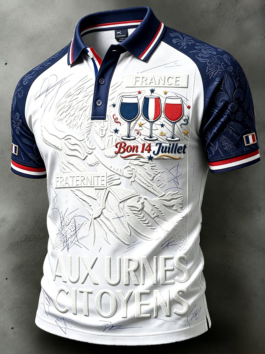 Polo décontracté blanc pour homme, imprimé sur le thème de la fête nationale française