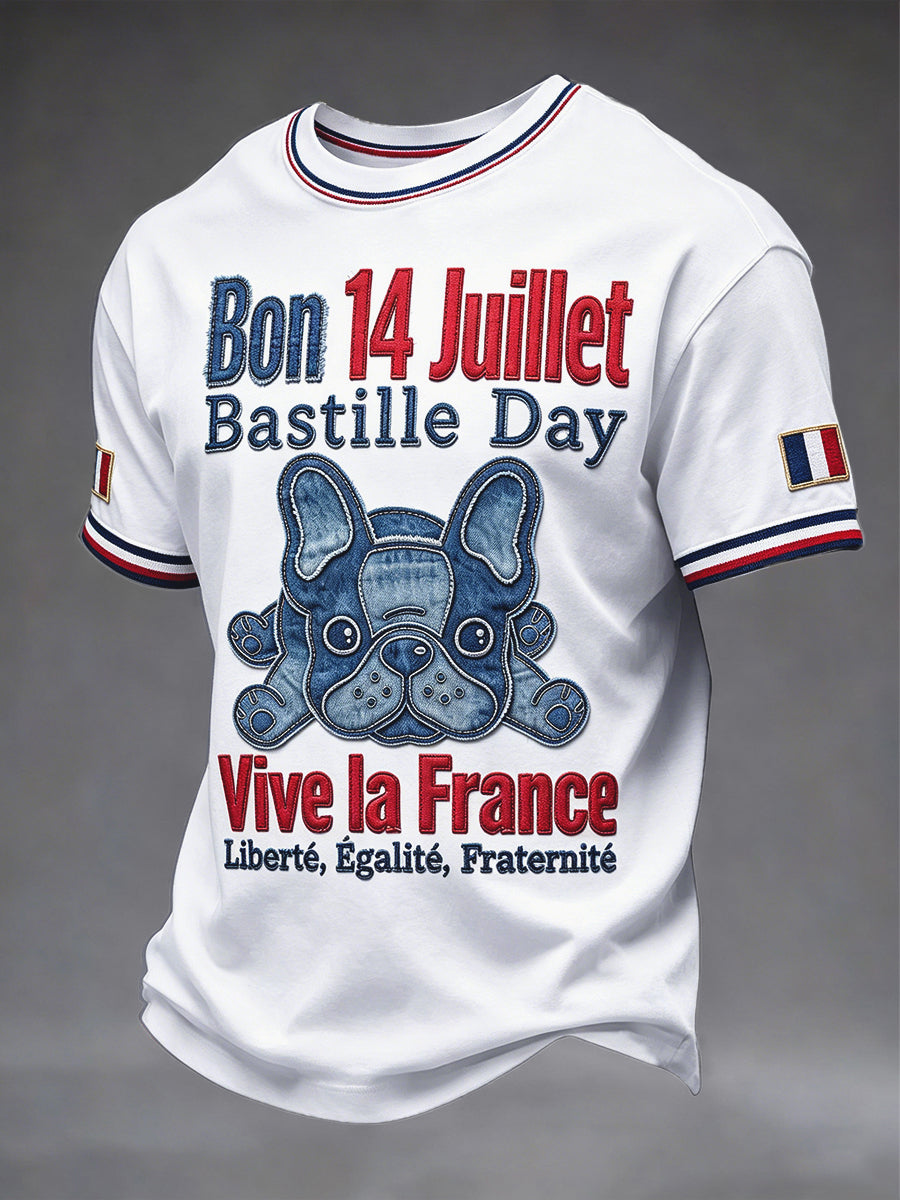 T-shirt décontracté pour homme, motif patchwork bouledogue français, fête nationale française du 14 juillet