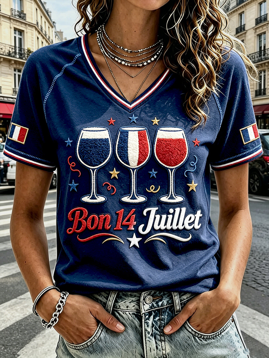 T-shirt décontracté à col en V pour femmes, bleu foncé, imprimé Fête nationale française
