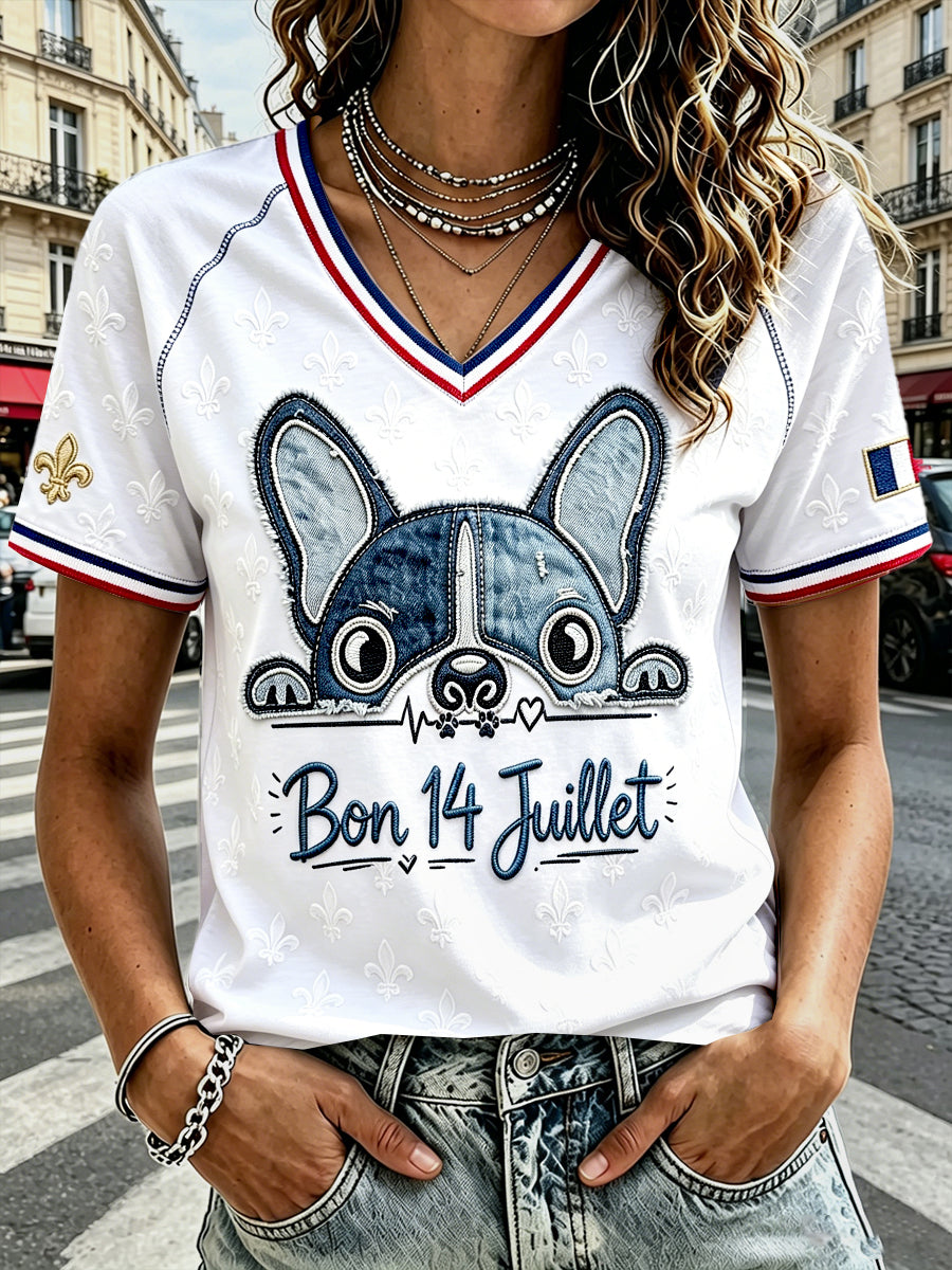 T-shirt décontracté à col en V pour femme, imprimé patchwork avec un bouledogue français, pour la fête nationale française