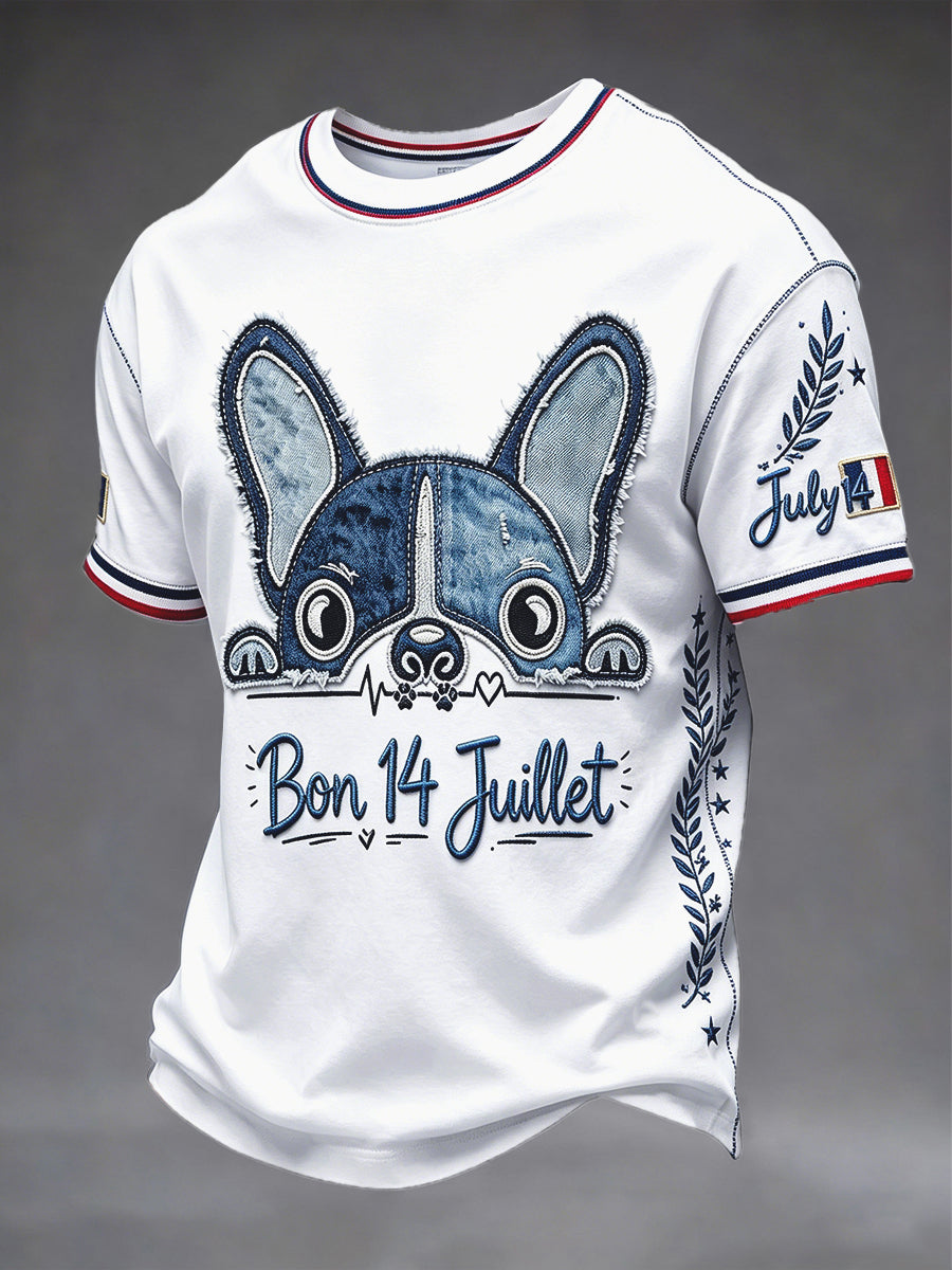 T-shirt décontracté pour homme, en denim, motif patchwork bouledogue, pour la Fête nationale française