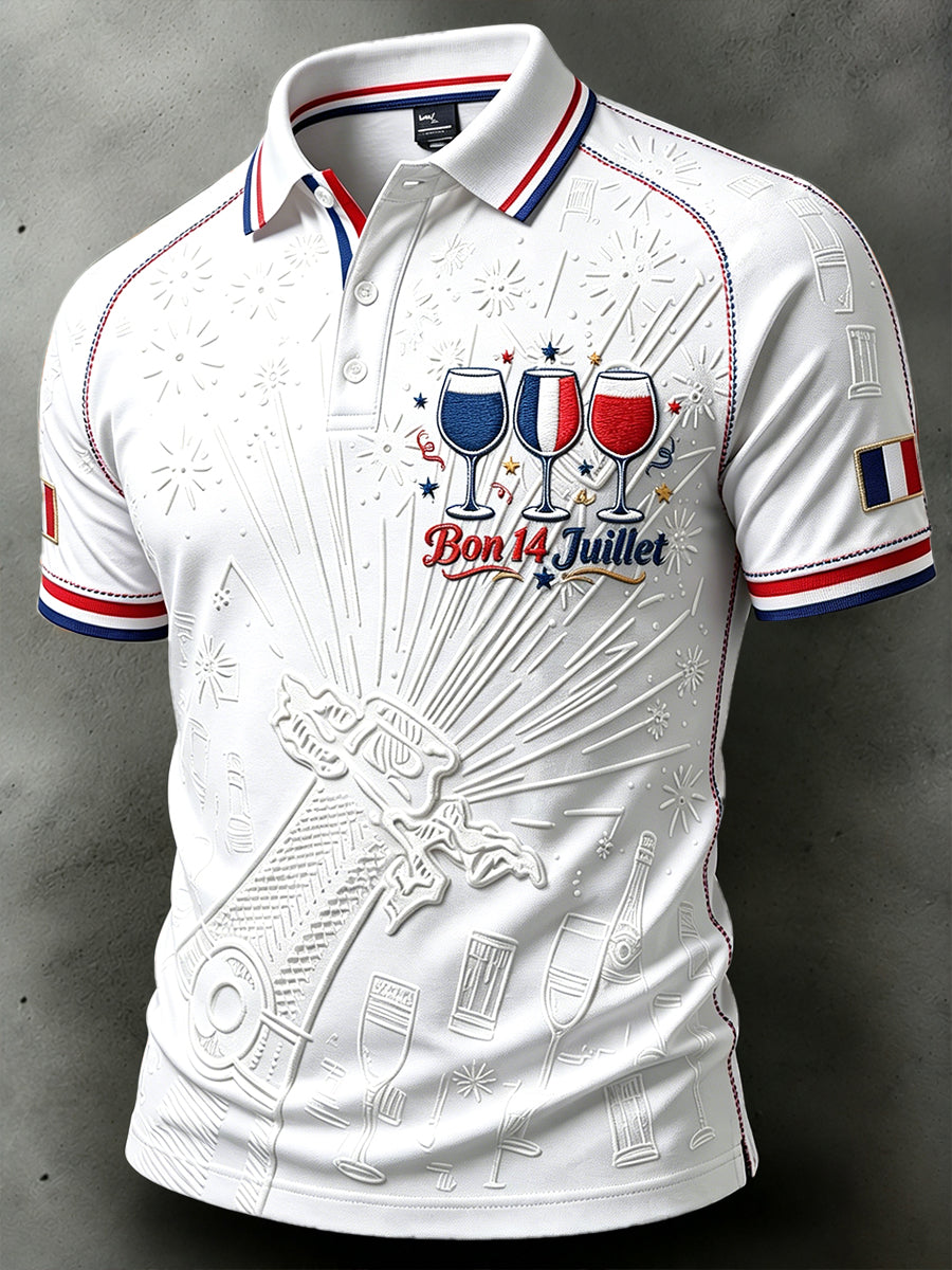 Polo décontracté blanc pour la fête nationale française (14 juillet) avec imprimé pour hommes